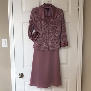 Oblique 2 Piece Sparkly Crepe Chiffon & Satin Dusty Rose Jacket & Skirt; Size10